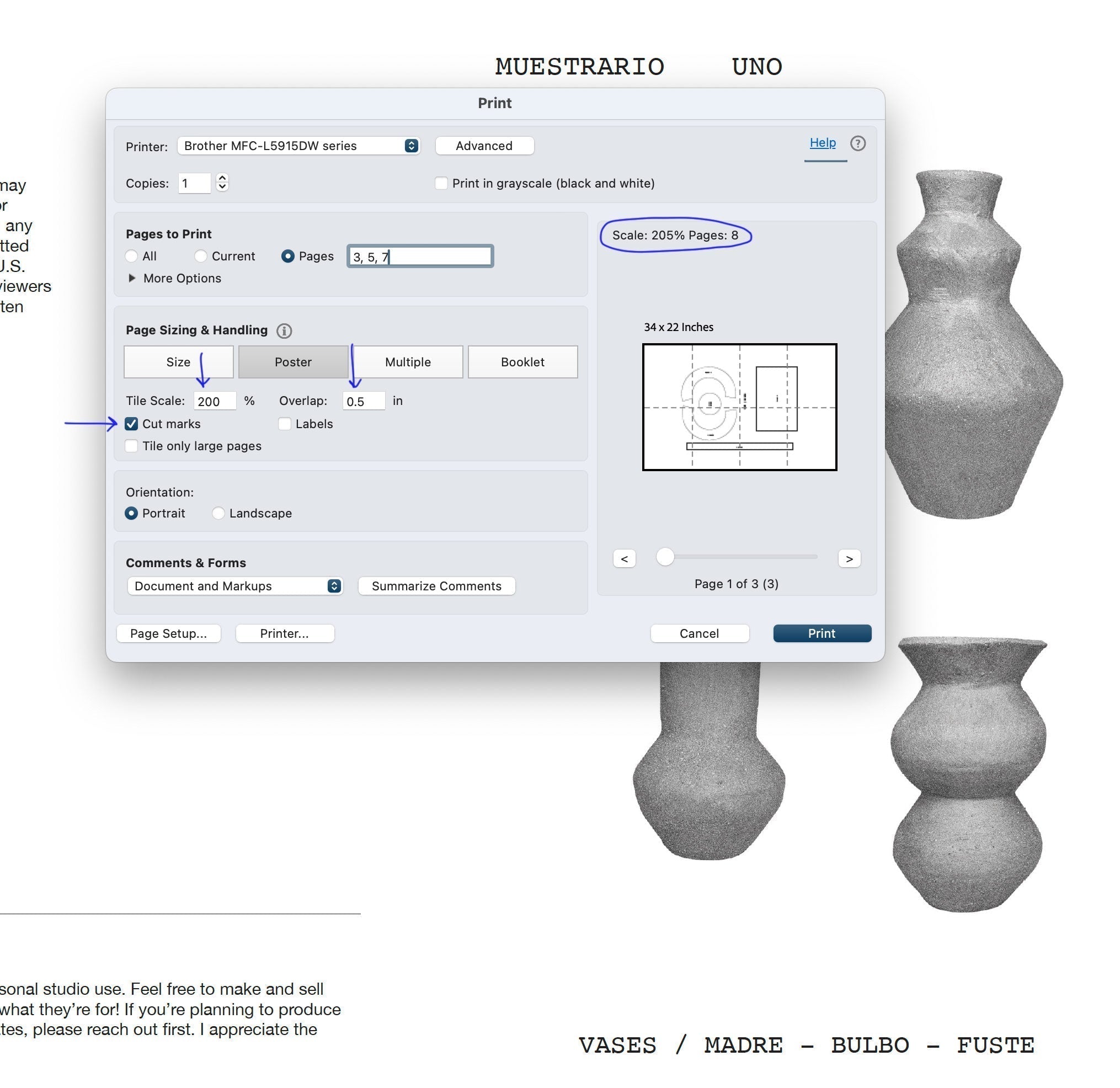 Adobe Acrobat poster tiling settings for scaling a pottery template PDF