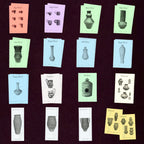 A set of pottery templates displaying various historical pottery and vase designs, arranged in a grid on a dark burgundy background.